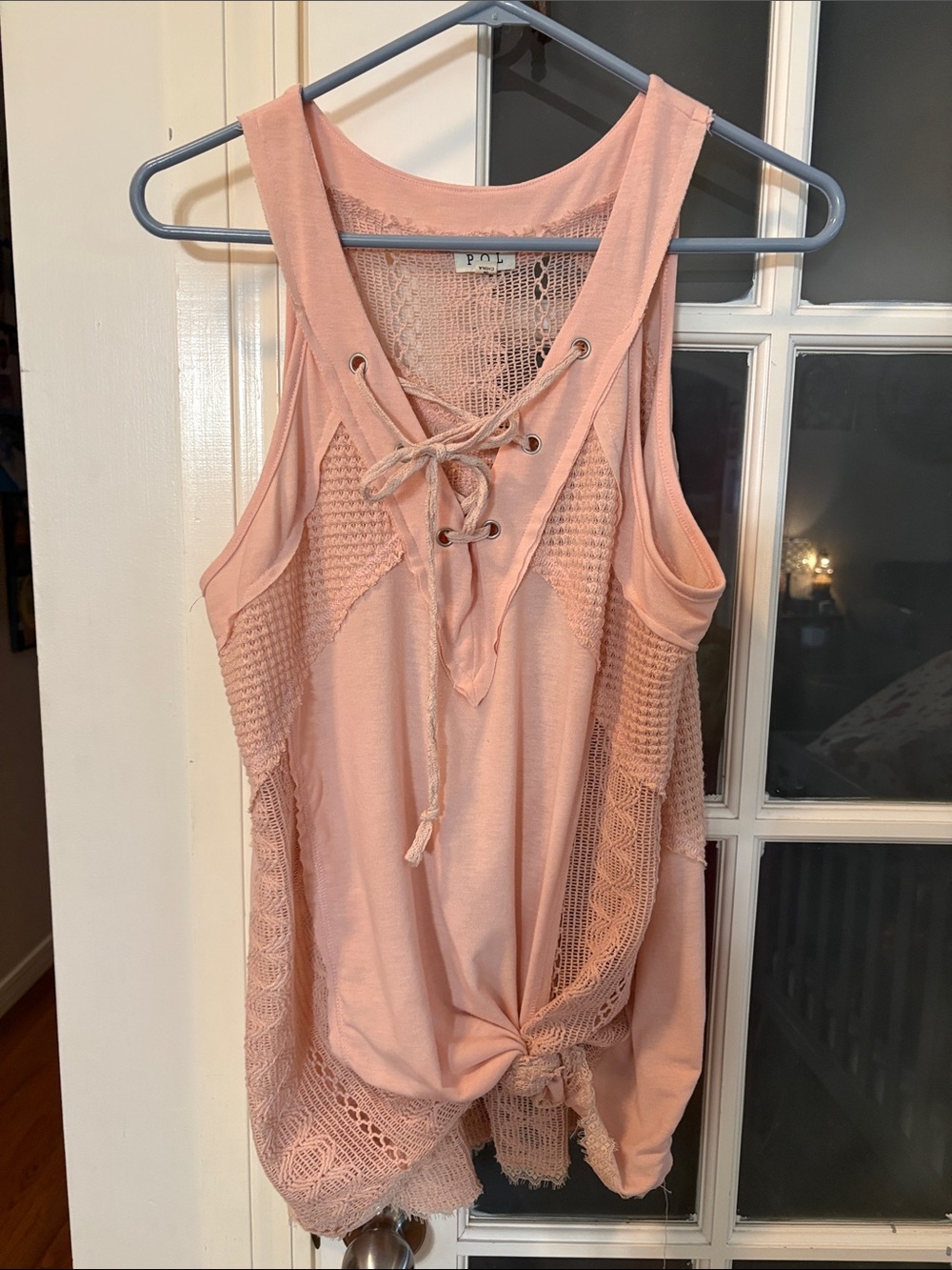 POL Lace-Up Crochet Tank Top - Blush Pink